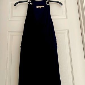 Classy black party dress, halter neck with ruched waist.